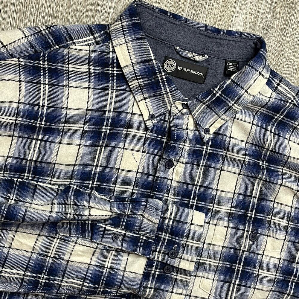 Weatherproof Flannel Shirt Mens XXXL Blue White Plaid Button Down Pocket LS